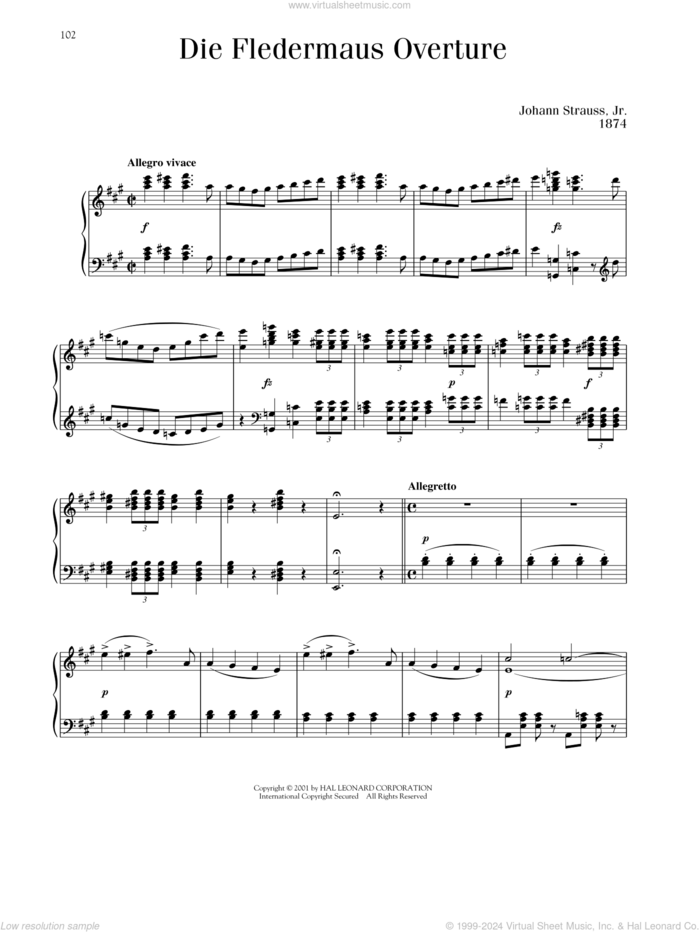 Die Fledermaus Overture sheet music for piano solo by Johann Strauss, classical score, intermediate skill level