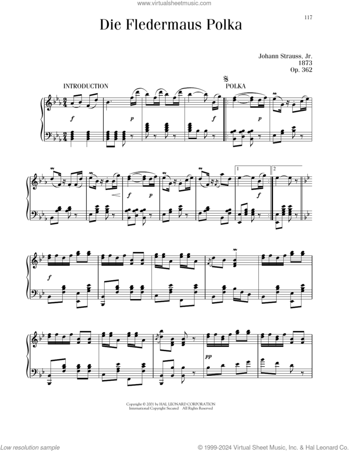 Die Fledermaus Polka, Op. 362 sheet music for piano solo by Johann Strauss, classical score, intermediate skill level