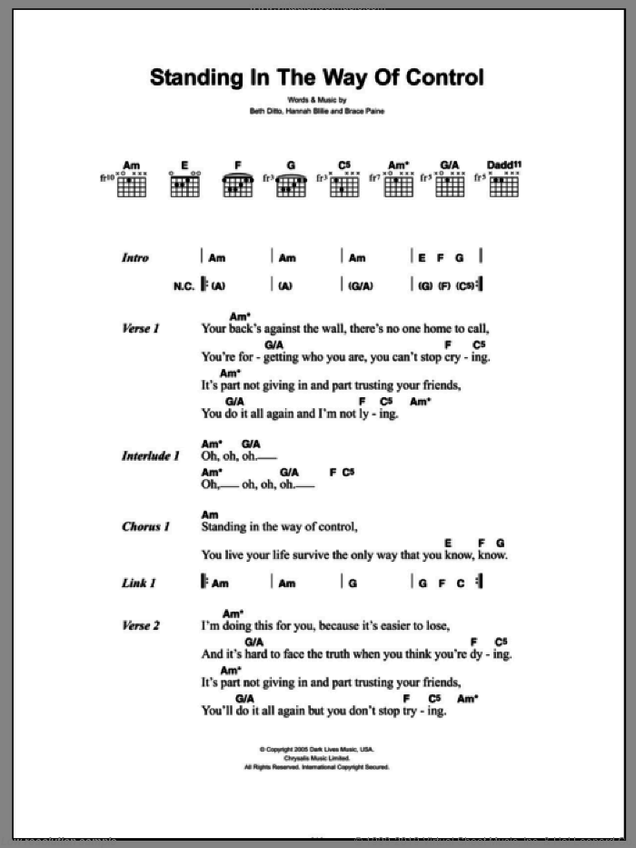 Standing In The Way Of Control sheet music for guitar (chords) by Gossip, Billie Hannah and Mary Beth Patterson, intermediate skill level