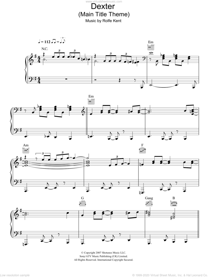 Dexter (Main Title Theme) sheet music for piano solo by Rolfe Kent, intermediate skill level