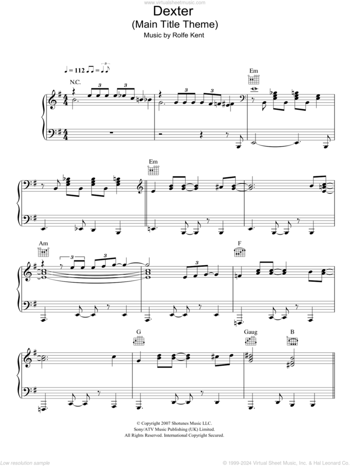 Dexter (Main Title Theme) sheet music for piano solo by Rolfe Kent, intermediate skill level