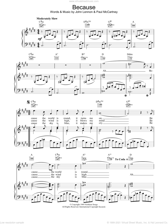 Because sheet music for voice, piano or guitar by The Beatles, intermediate skill level
