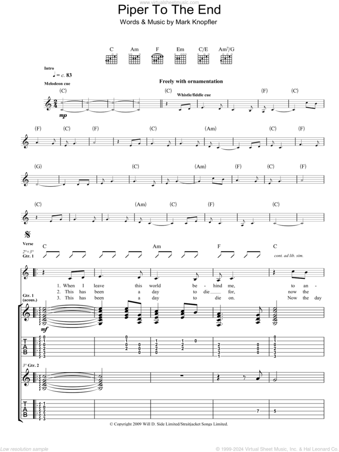 Piper To The End sheet music for guitar (tablature) by Mark Knopfler, intermediate skill level