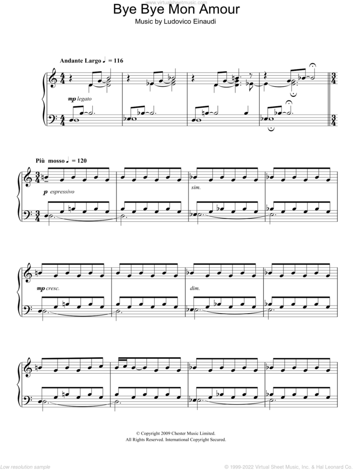 Bye Bye Mon Amour sheet music for piano solo by Ludovico Einaudi, classical score, intermediate skill level