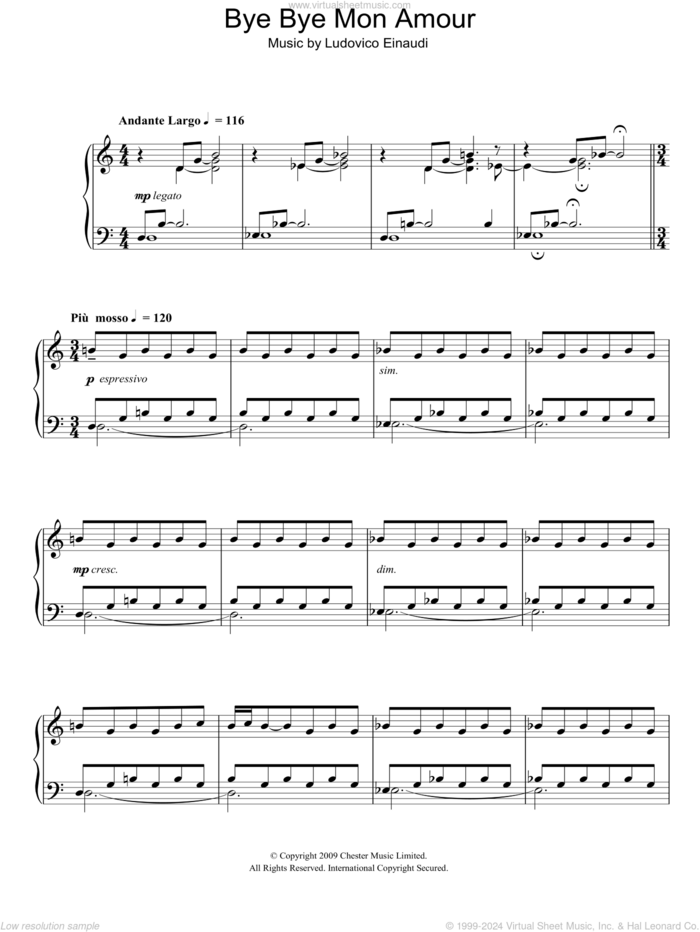 Bye Bye Mon Amour sheet music for piano solo by Ludovico Einaudi, classical score, intermediate skill level