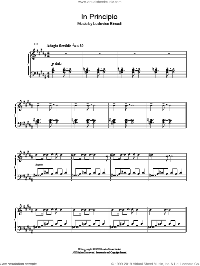 In Principio sheet music for piano solo by Ludovico Einaudi, classical score, intermediate skill level