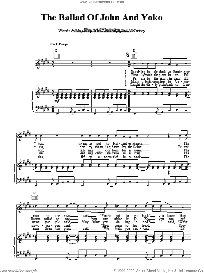 The Ballad Of John And Yoko sheet music for voice, piano or guitar by The Beatles, John Lennon and Paul McCartney, intermediate skill level