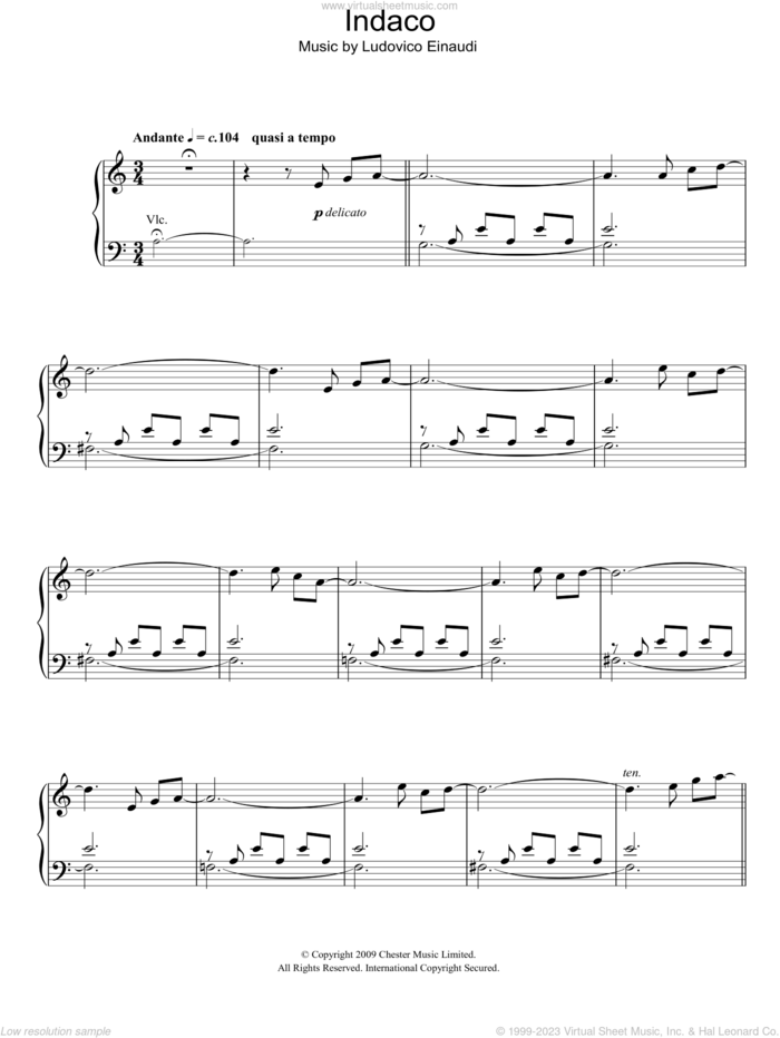 Indaco sheet music for piano solo by Ludovico Einaudi, classical score, intermediate skill level