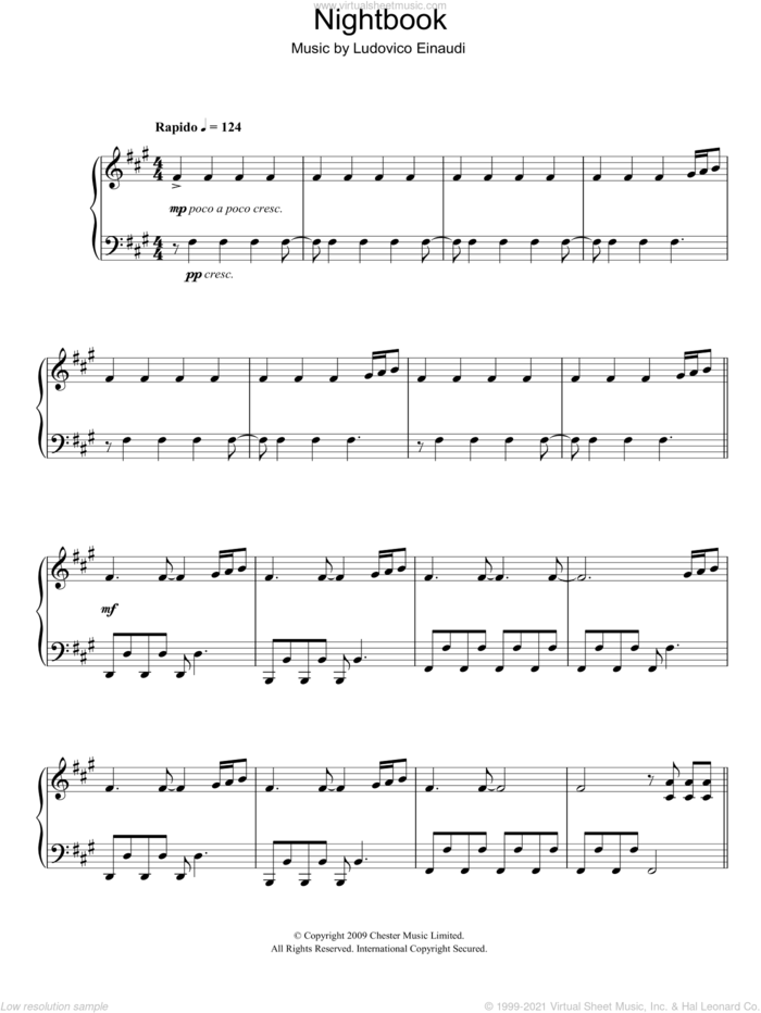 Nightbook sheet music for piano solo by Ludovico Einaudi, classical score, intermediate skill level