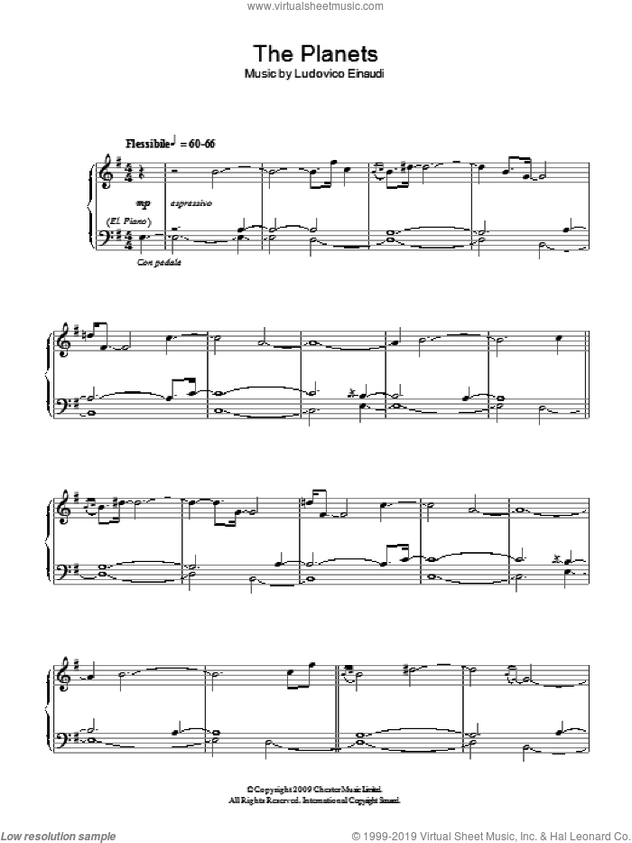 The Planets sheet music for piano solo by Ludovico Einaudi, classical score, intermediate skill level