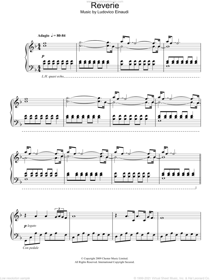 Reverie sheet music for piano solo by Ludovico Einaudi, classical score, intermediate skill level