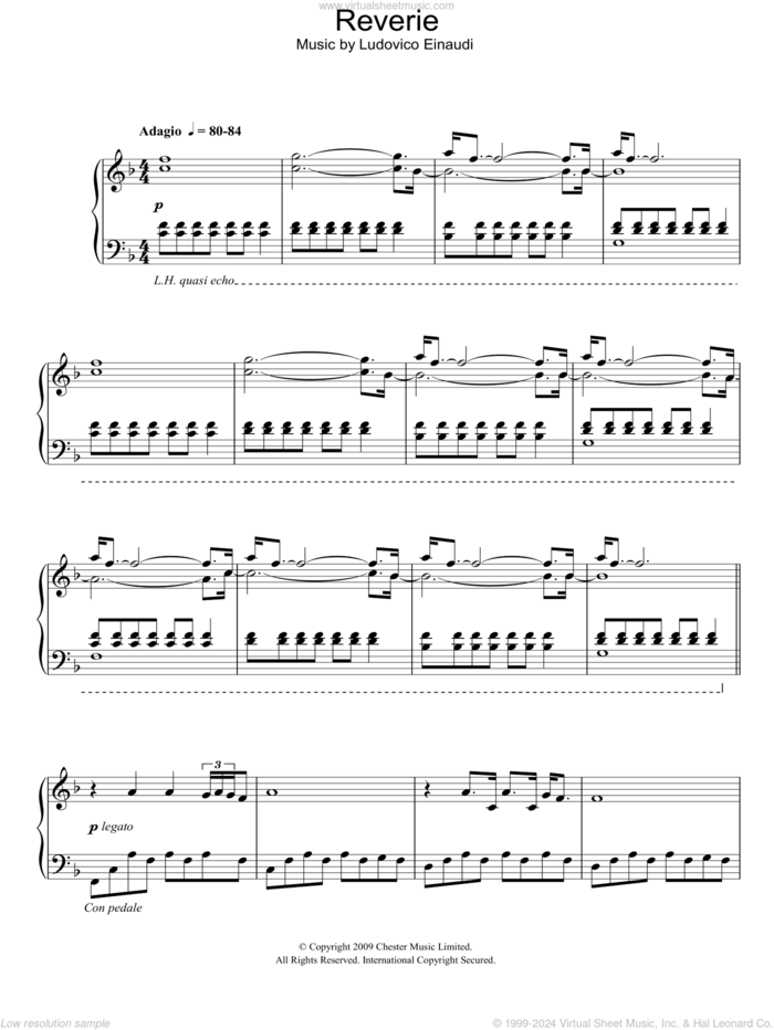 Reverie sheet music for piano solo by Ludovico Einaudi, classical score, intermediate skill level