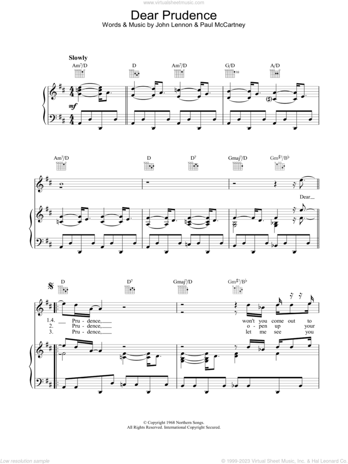 Dear Prudence sheet music for voice, piano or guitar by The Beatles, intermediate skill level