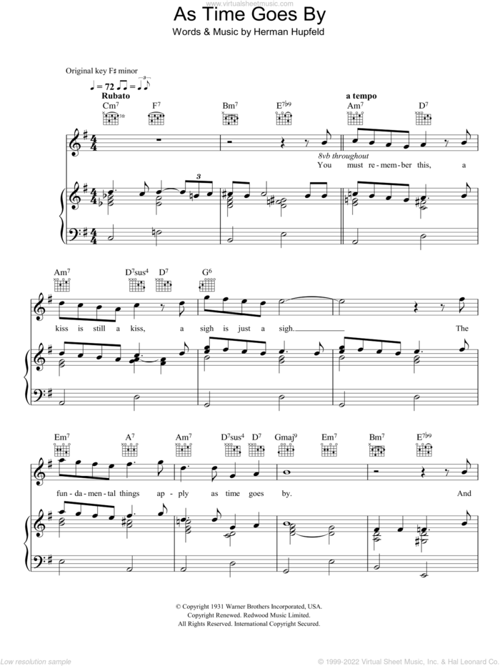 As Time Goes By sheet music for voice, piano or guitar by Vera Lynn and Herman Hupfeld, intermediate skill level