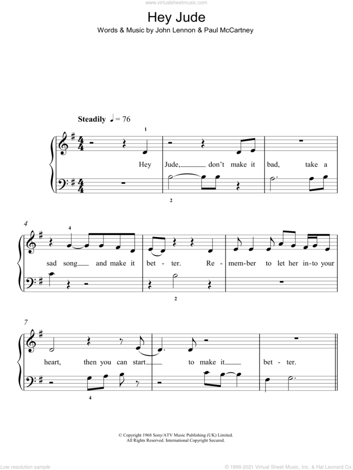 Hey Jude sheet music for piano solo by The Beatles, John Lennon and Paul McCartney, easy skill level