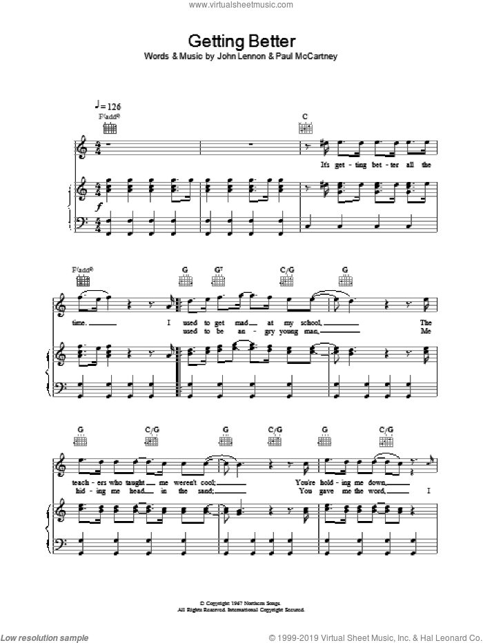 Getting Better sheet music for voice, piano or guitar by The Beatles, intermediate skill level