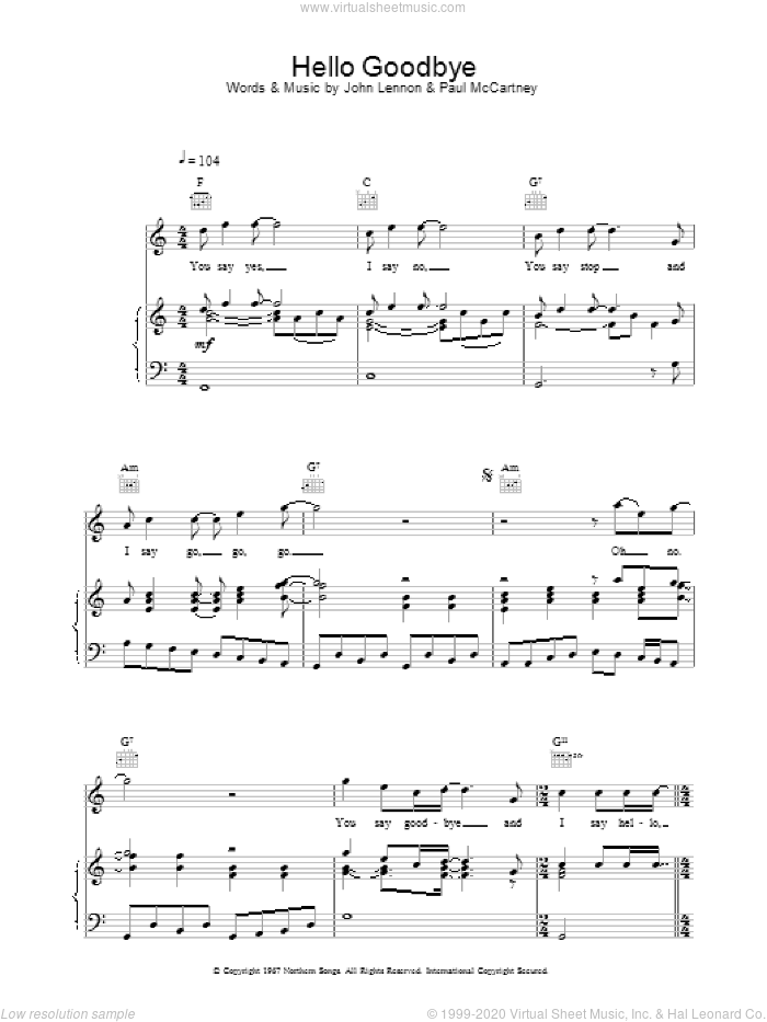 Hello, Goodbye sheet music for voice, piano or guitar by The Beatles, intermediate skill level