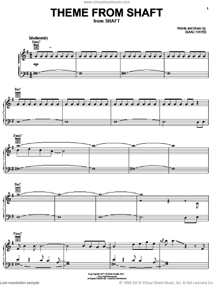 Theme from Shaft sheet music for voice, piano or guitar by Isaac Hayes, intermediate skill level