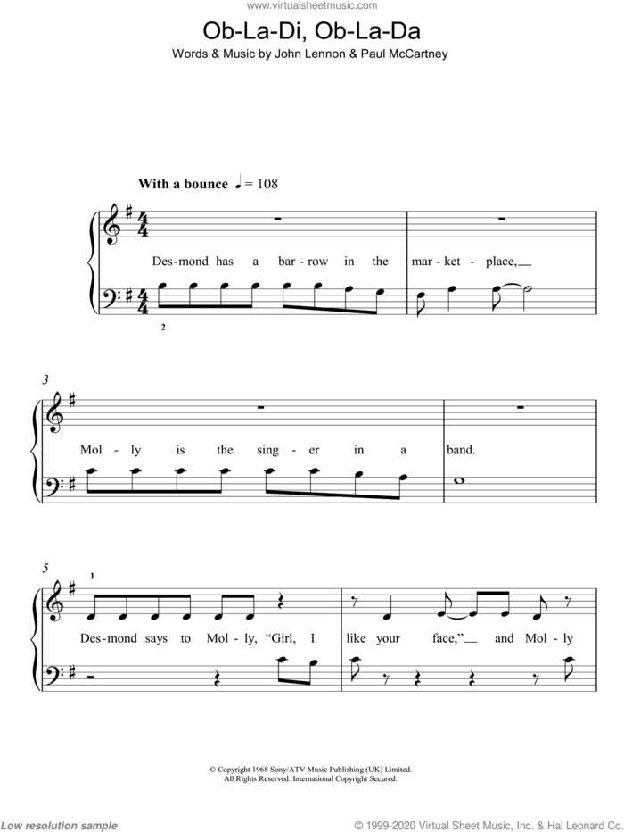 Ob-La-Di, Ob-La-Da, (easy) sheet music for piano solo by The Beatles, Paul McCartney and John Lennon, easy skill level