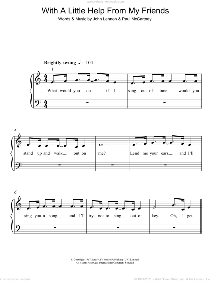 With A Little Help From My Friends sheet music for piano solo by The Beatles, John Lennon and Paul McCartney, easy skill level