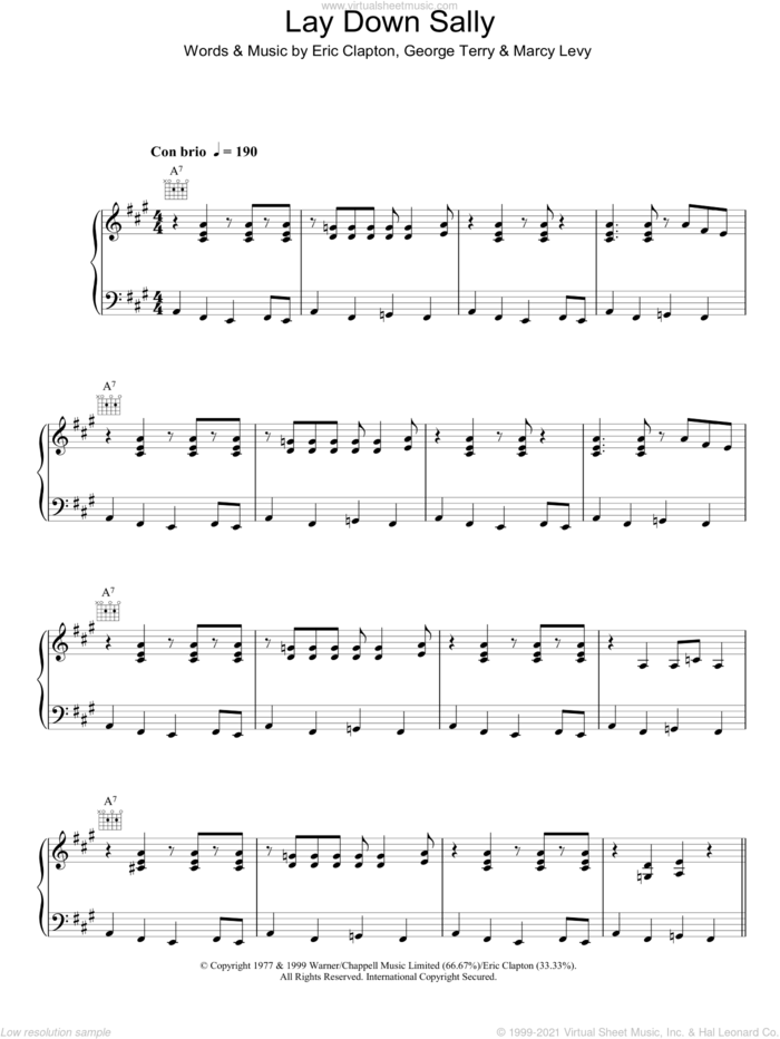 Lay Down Sally sheet music for voice, piano or guitar by Eric Clapton, George Terry and Marcy Levy, intermediate skill level