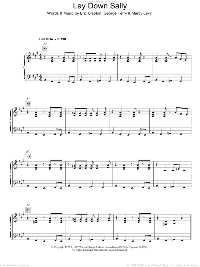 Lay Down Sally sheet music for voice, piano or guitar by Eric Clapton, George Terry and Marcy Levy, intermediate skill level