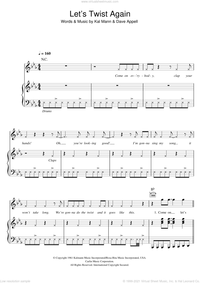 Let's Twist Again sheet music for voice, piano or guitar by Chubby Checker, Dave Appell and Kal Mann, intermediate skill level