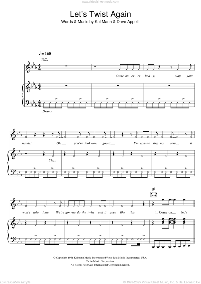 Let's Twist Again sheet music for voice, piano or guitar by Chubby Checker, Dave Appell and Kal Mann, intermediate skill level