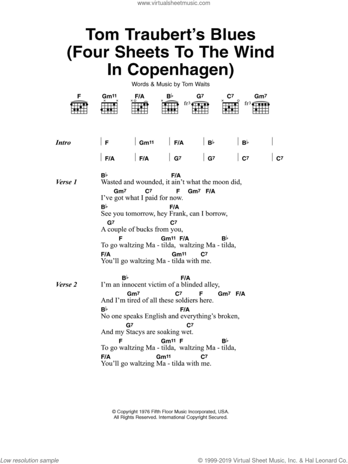 Tom Traubert's Blues (Four Sheets To The Wind In Copenhagen) sheet music for guitar (chords) by Tom Waits, intermediate skill level