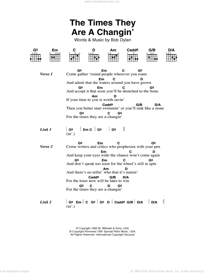 The Times They Are A-Changin' sheet music for guitar (chords) by Bob Dylan, intermediate skill level