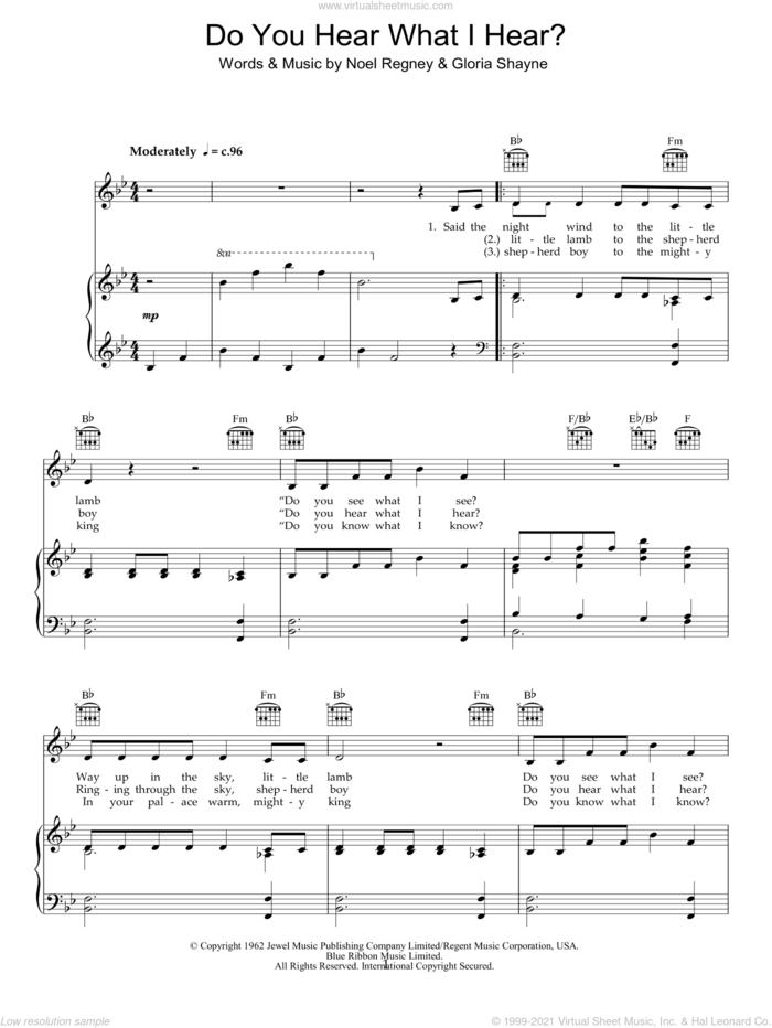 Do You Hear What I Hear sheet music for voice, piano or guitar by Bob Dylan, Gloria Shayne and Noel Regney, intermediate skill level