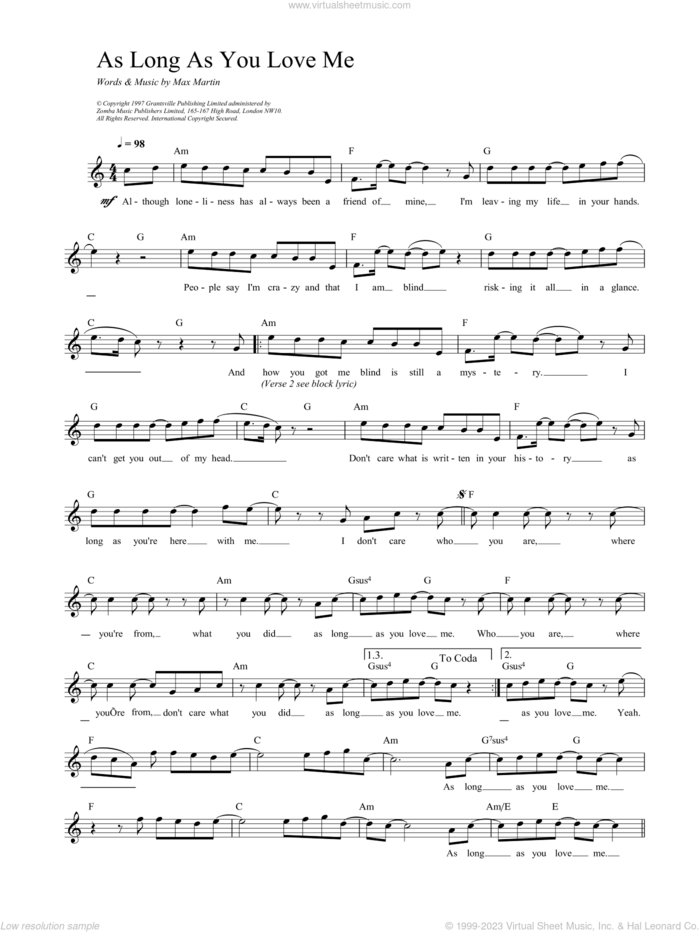 As Long As You Love Me sheet music for voice and other instruments (fake book) by Backstreet Boys and Martin Sandberg, intermediate skill level