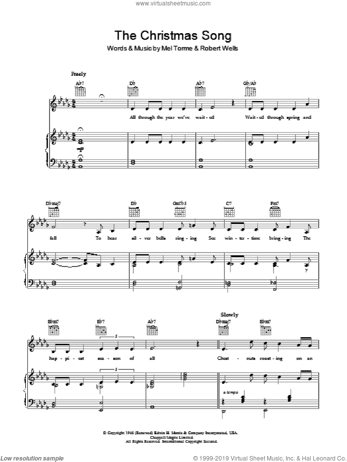 The Christmas Song (Chestnuts Roasting On An Open Fire) sheet music for voice, piano or guitar by Bob Dylan, Mel Torme and Robert Wells, intermediate skill level