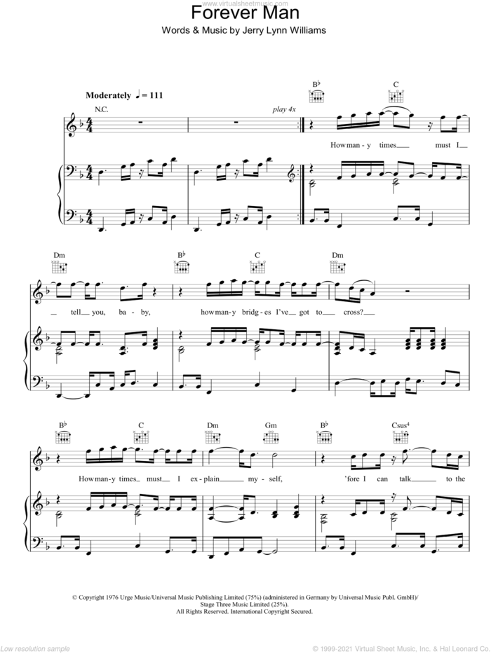 Forever Man sheet music for voice, piano or guitar by Eric Clapton and Jerry Lynn Williams, intermediate skill level