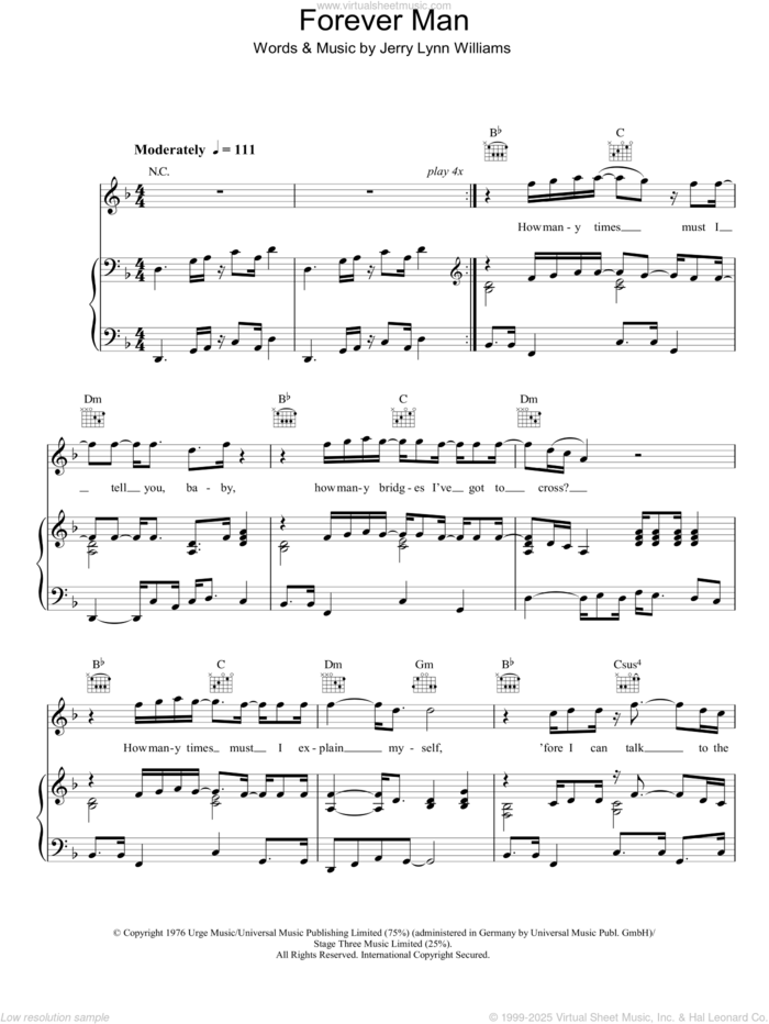 Forever Man sheet music for voice, piano or guitar by Eric Clapton and Jerry Lynn Williams, intermediate skill level