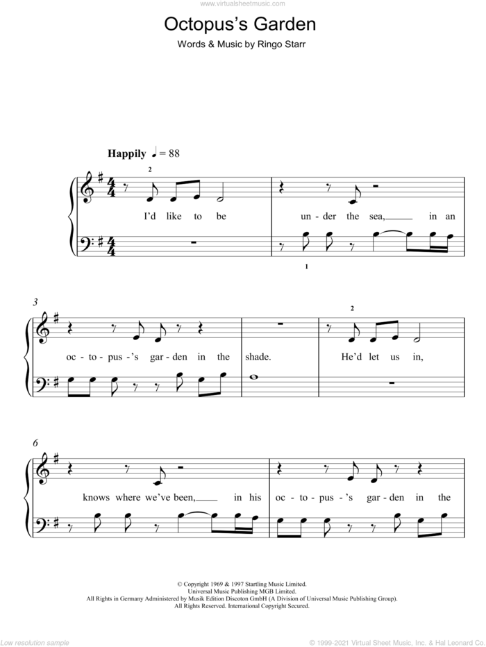Octopus's Garden sheet music for piano solo by The Beatles and Ringo Starr, easy skill level