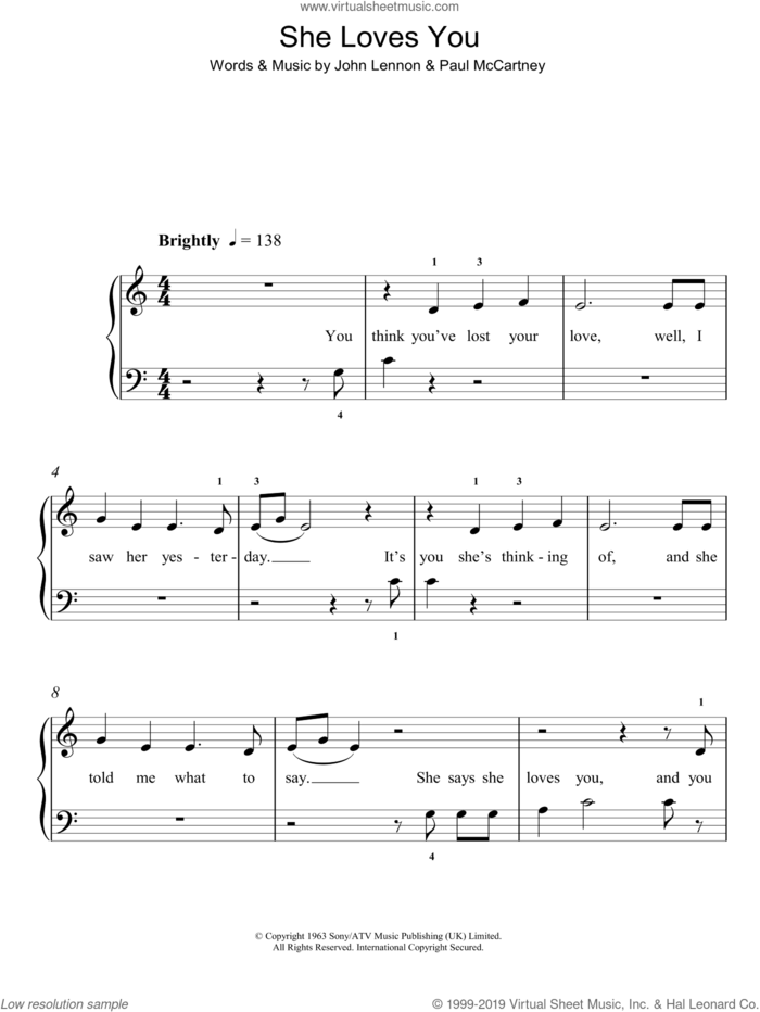 She Loves You, (easy) sheet music for piano solo by The Beatles, John Lennon and Paul McCartney, easy skill level