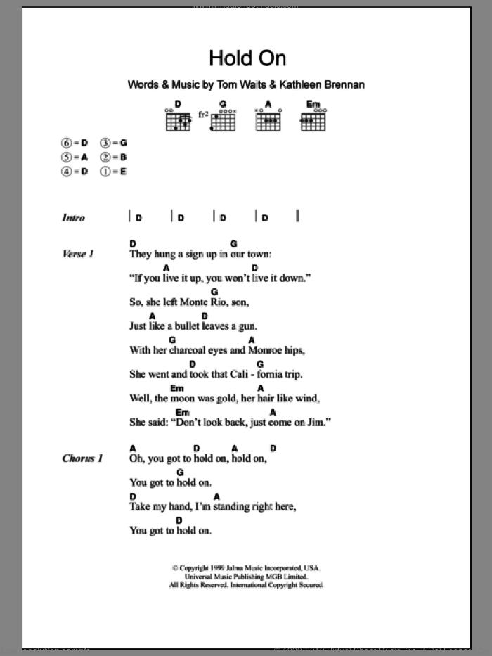 Hold On sheet music for guitar (chords) by Tom Waits and Kathleen Brennan, intermediate skill level