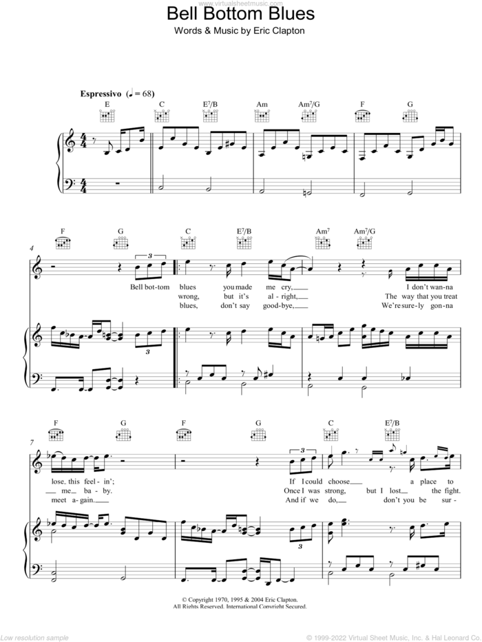Bell Bottom Blues sheet music for voice, piano or guitar by Eric Clapton and Derek And The Dominos, intermediate skill level