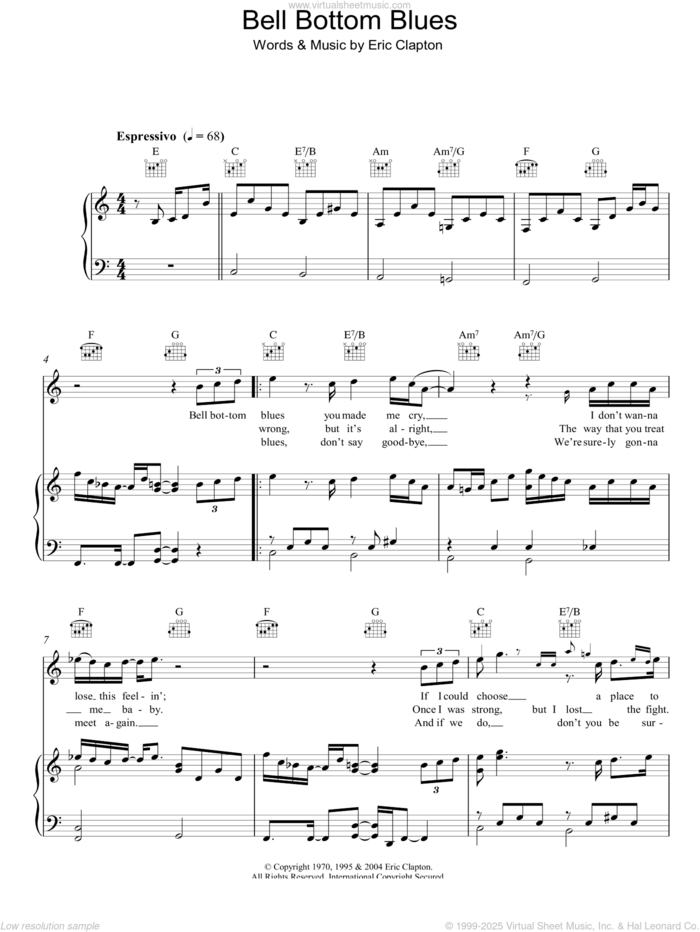 Bell Bottom Blues sheet music for voice, piano or guitar by Eric Clapton and Derek And The Dominos, intermediate skill level