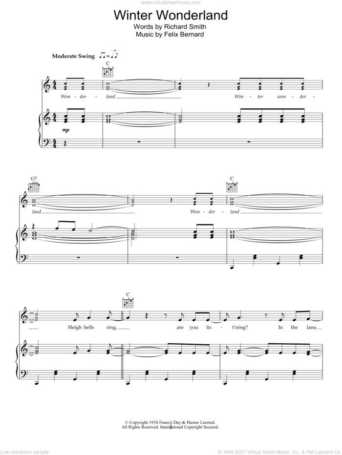 Winter Wonderland sheet music for voice, piano or guitar by Bob Dylan, Felix Bernard and Richard Smith, intermediate skill level
