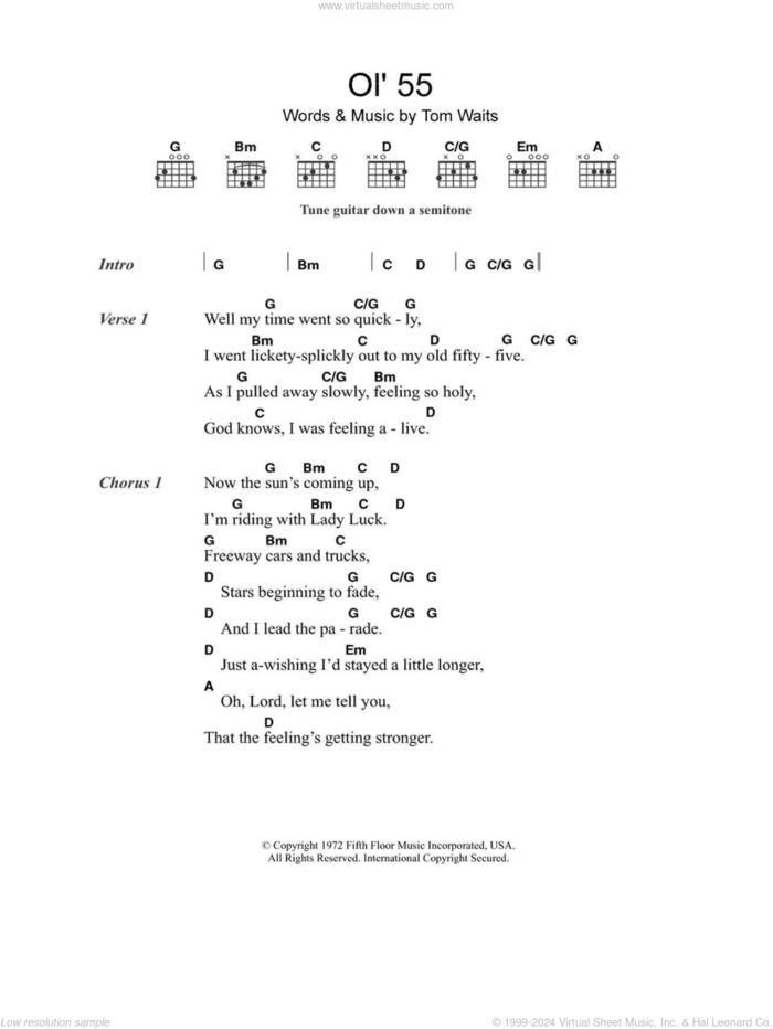 Ol' 55 sheet music for guitar (chords) by Tom Waits and The Eagles, intermediate skill level