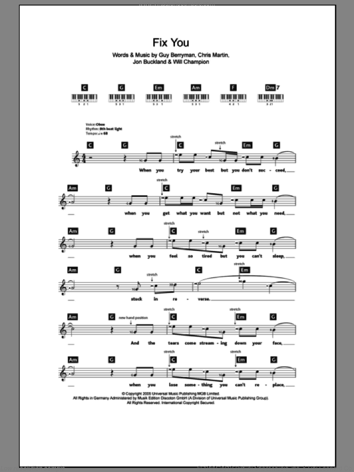 Fix You sheet music for piano solo (chords, lyrics, melody) by Coldplay, Chris Martin, Guy Berryman, Jon Buckland and Will Champion, intermediate piano (chords, lyrics, melody)