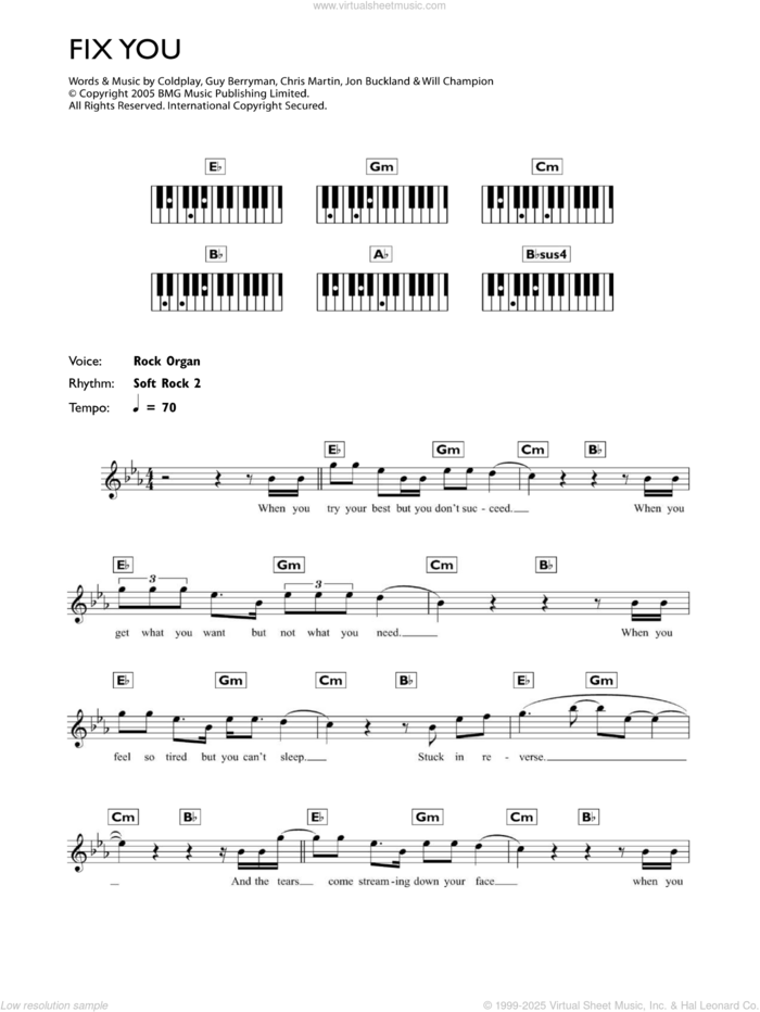 Fix You sheet music for piano solo (chords, lyrics, melody) by Coldplay, Chris Martin, Guy Berryman, Jon Buckland and Will Champion, intermediate piano (chords, lyrics, melody)