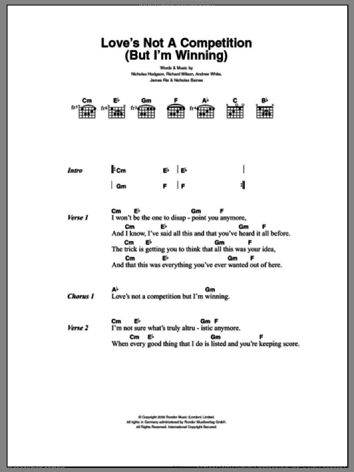 Love's Not A Competition (But I'm Winning) sheet music for guitar (chords) by Kaiser Chiefs, Andrew White, James Rix, Nicholas Baines, Nicholas Hodgson and Richard Wilson, intermediate skill level