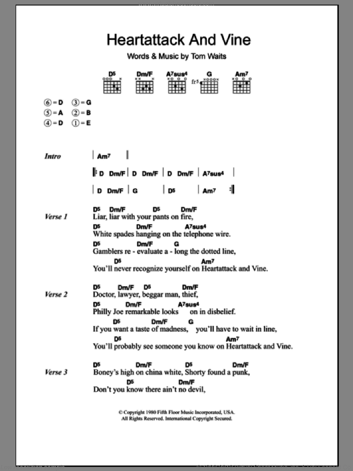 Heartattack And Vine sheet music for guitar (chords) by Tom Waits, intermediate skill level