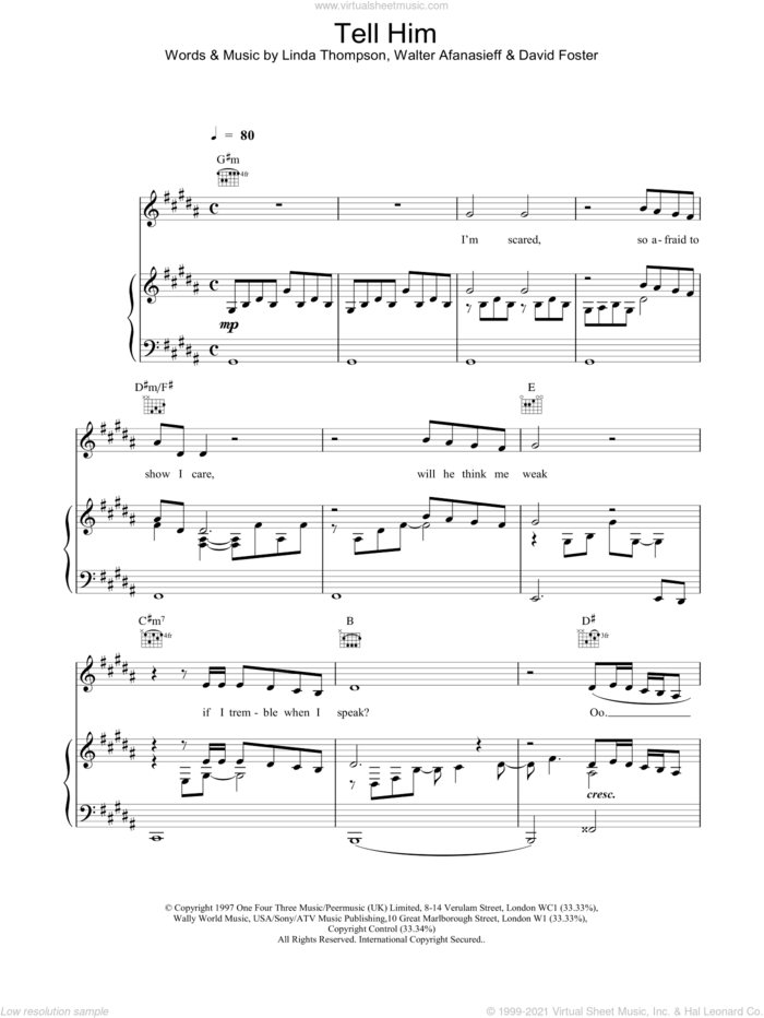 Tell Him sheet music for voice, piano or guitar by Celine Dion and David Foster, intermediate skill level