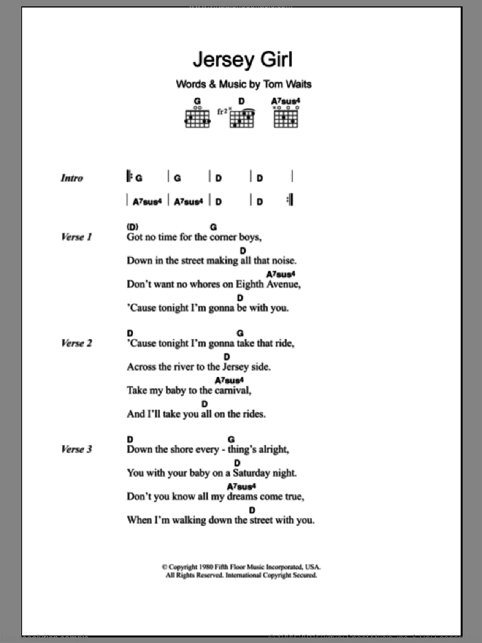 Jersey Girl sheet music for guitar (chords) by Tom Waits, intermediate skill level