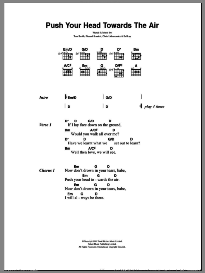 Push Your Head Towards The Air sheet music for guitar (chords) by Editors, Chris Urbanowicz, Ed Lay, Russell Leetch and Tom Smith, intermediate skill level