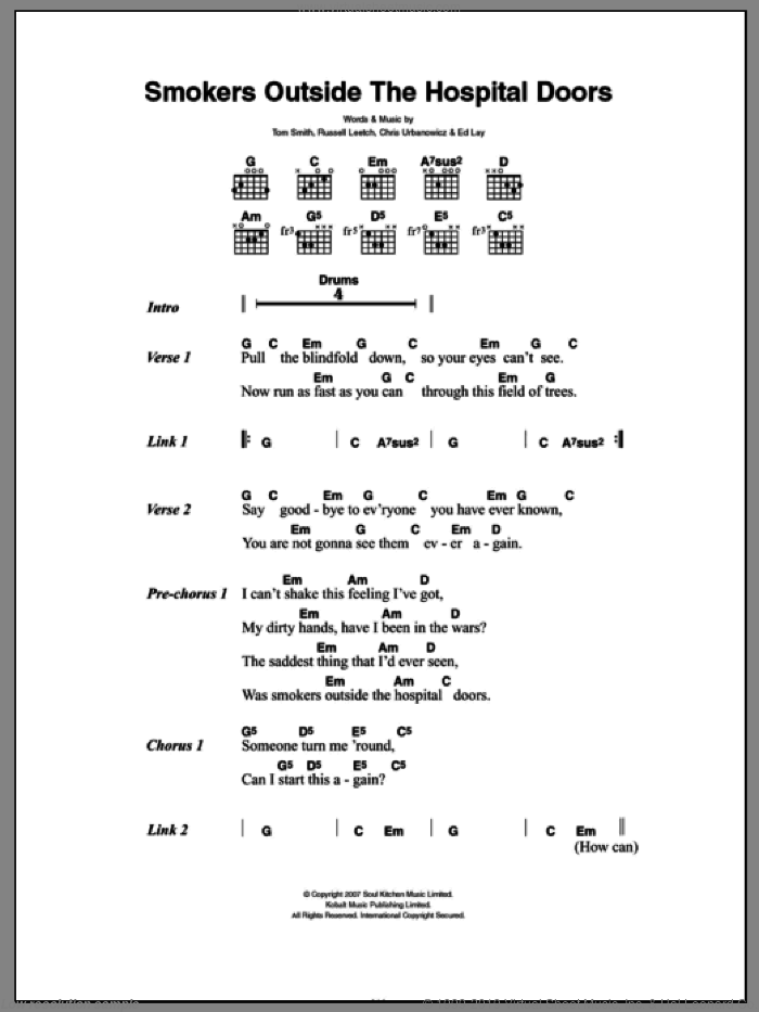 Smokers Outside The Hospital Doors sheet music for guitar (chords) by Editors, Chris Urbanowicz, Ed Lay, Russell Leetch and Tom Smith, intermediate skill level